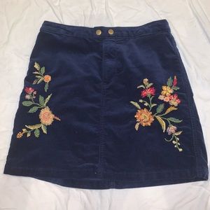 Navy Corduroy Skirt w/ Embroidery Flowers